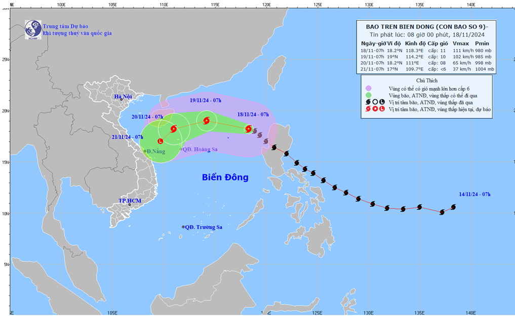 Cập nhật tin bão trên biển Đông – Cơn bão số 9, vị trí tâm bão ở vào khoảng 18,9 độ Vĩ Bắc; 115,5 độ Kinh Đông